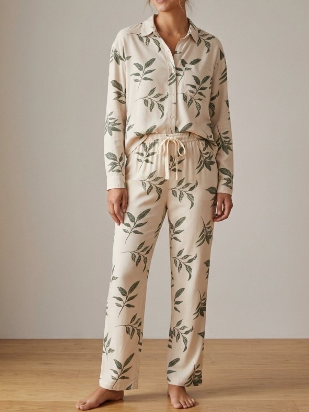Simons Miiyu Cream Botanical Leaf Print Pajama Lounge Set Sz S